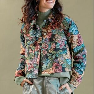 Peace Love World Women's Jacket Novelty Floral Jacquard Black 2X